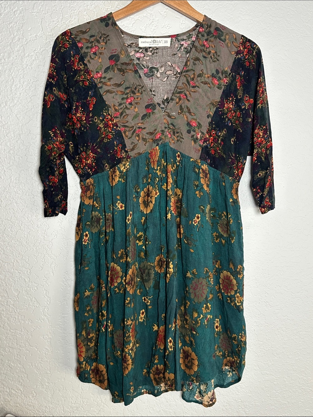 NATURAL LIFE Green Floral V Neck Mini Dress Pockets Boho Forest Brown XS